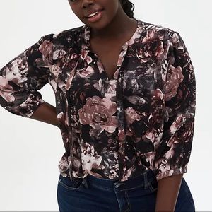 Torrid Black and Purple Floral Georgette Tie Neck Blouse